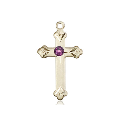 Birthstone Fancy Tip 14kt Gold Cross Pendant with Austrian Crystals, Amethyst February Birthstone, Bliss Manufacturing