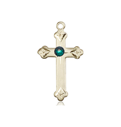 Birthstone Fancy Tip 14kt Gold Cross Pendant with Austrian Crystals, May Emerald Birthstone, Bliss Manufacturing