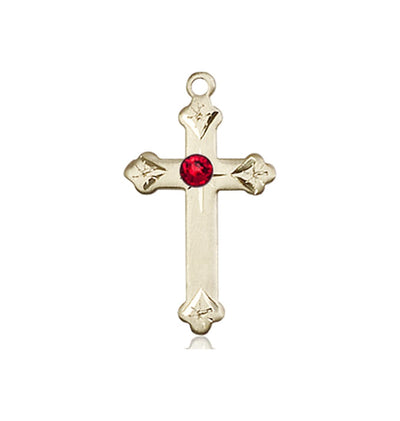 Birthstone Fancy Tip 14kt Gold Cross Pendant with Austrian Crystals, July Ruby Birthstone, Bliss Manufacturing