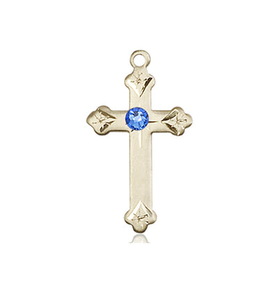 Birthstone Fancy Tip 14kt Gold Cross Pendant with Austrian Crystals, September Sapphire Birthstone, Bliss Manufacturing