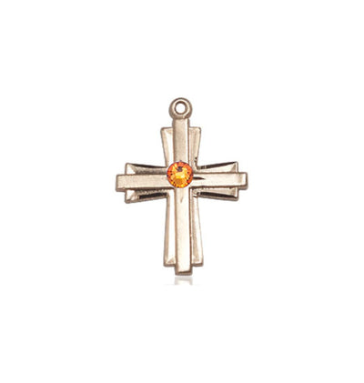 Nov Topaz Birthstone 14kt Gold Double Cross Pendant with Crystal Beads, Bliss Manufacturing