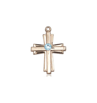 Mar Aqua Birthstone 14kt Gold Double Cross Pendant with Crystal Beads, Bliss Manufacturing