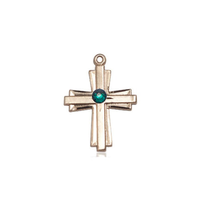 May Emerald Birthstone 14kt Gold Double Cross Pendant with Crystal Beads, Bliss Manufacturing