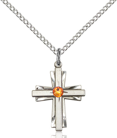Nov Topaz Birthstone Sterling Silver Double Cross Pendant W/Austrian Double Cross, Bliss Manufacturing