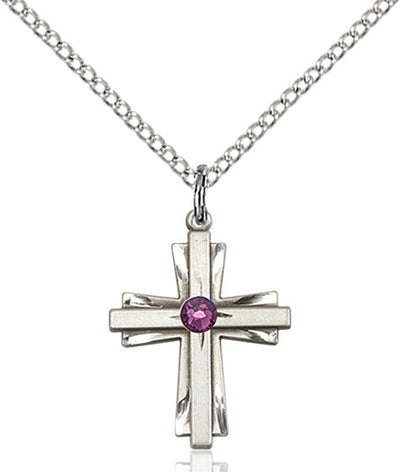 Feb Amethyst Birthstone Sterling Silver Double Cross Pendant W/Austrian Double Cross, Bliss Manufacturing
