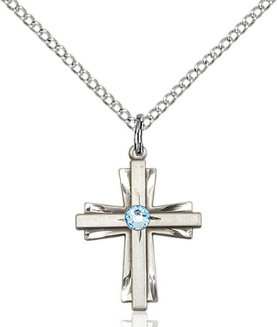 Mar Aqua Birthstone Sterling Silver Double Cross Pendant W/Austrian Double Cross, Bliss Manufacturing