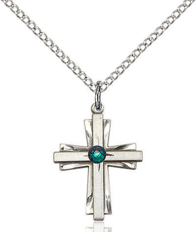 May Emerald Birthstone Sterling Silver Double Cross Pendant W/Austrian Double Cross, Bliss Manufacturing