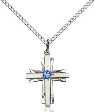 Sep Sapphire Birthstone Sterling Silver Double Cross Pendant W/Austrian Double Cross, Bliss Manufacturing