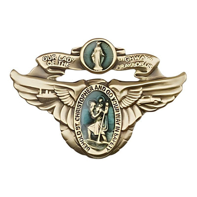 Blue Epoxy Our Lady Of The Highway & St. Christopher Gold Oxide Auto Visor Clip, Made in USA, Bliss Manufacturing