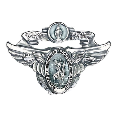 Blue Epoxy Our Lady Of The Highway & St. Christopher Pewter Auto Visor Clip, Made in USA, Bliss Manufacturing