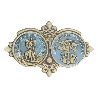 Blue Epoxy St. Christopher & St. Michael Gold Oxide Auto Visor Clip, Made in USA, Bliss Manufacturing