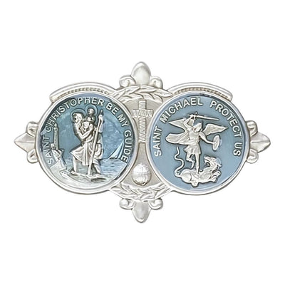 Blue Epoxy St. Christopher & St. Michael Pewter Auto Visor Clip, Made in USA, Bliss Manufacturing