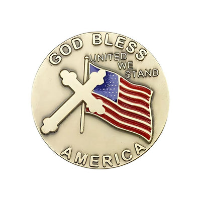 God Bless America With A Flag And Cross Gold Oxide Auto Visor Clip, Made In Usa, Bliss Manufacturing
