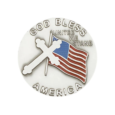 God Bless America With A Flag And Cross Pewter Auto Visor Clip, Made In Usa, Bliss Manufacturing