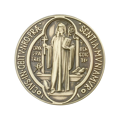 Front of the Saint Benedict Gold Oxide Auto Visor Clip, Bliss Manufacturing