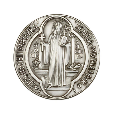 Front of the Saint Benedict Pewter Auto Visor Clip, Bliss Manufacturing