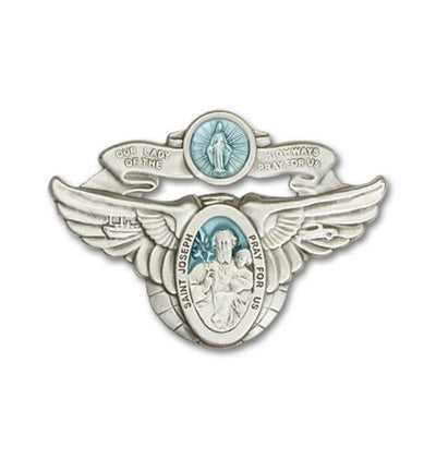 blue epoxy our lady of the highway and st joseph pewter auto visor clip, Bliss Manufacturing