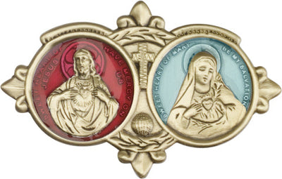 red & blue epoxy jesus and mary sacred hearts gold auto visor clip, Bliss Manufacturing