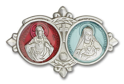red & blue epoxy jesus and mary sacred hearts pewter auto visor clip, Bliss Manufacturing