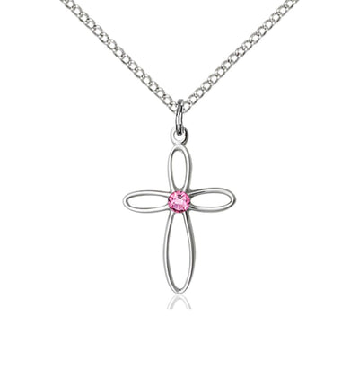 Birthstone Sterling Silver Loop Cross Pendant with Rose Austrian Crystals, Bliss Manufacturing
