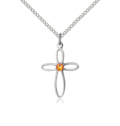 Birthstone Sterling Silver Loop Cross Pendant with Topaz Austrian Crystals, Bliss Manufacturing