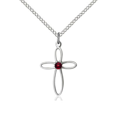 Birthstone Sterling Silver Loop Cross Pendant with Garnet Austrian Crystals, Bliss Manufacturing