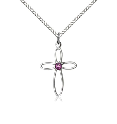 Birthstone Sterling Silver Loop Cross Pendant with Amethyst Austrian Crystals, Bliss Manufacturing