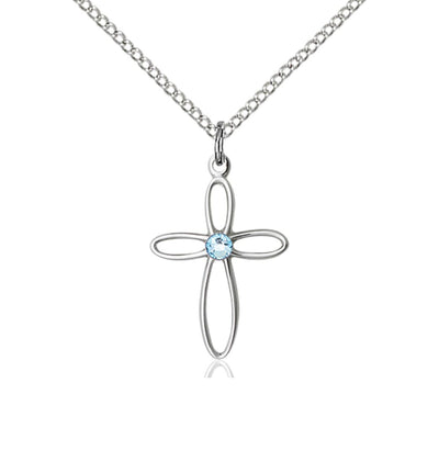 Birthstone Sterling Silver Loop Cross Pendant with Aqua Austrian Crystals, Bliss Manufacturing