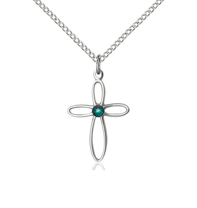 Birthstone Sterling Silver Loop Cross Pendant with Emerald Austrian Crystals, Bliss Manufacturing