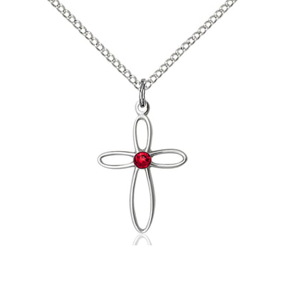 Birthstone Sterling Silver Loop Cross Pendant with Ruby Austrian Crystals, Bliss Manufacturing