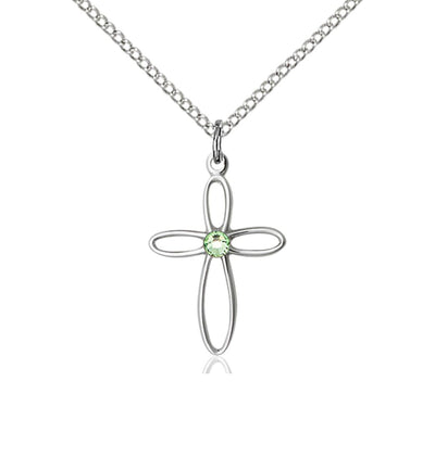 Birthstone Sterling Silver Loop Cross Pendant with Peridot Austrian Crystals, Bliss Manufacturing