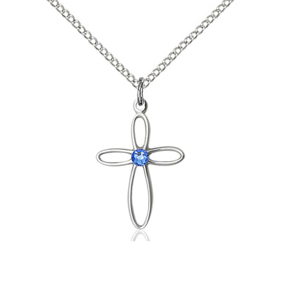 Birthstone Sterling Silver Loop Cross Pendant with Sapphire Austrian Crystals, Bliss Manufacturing