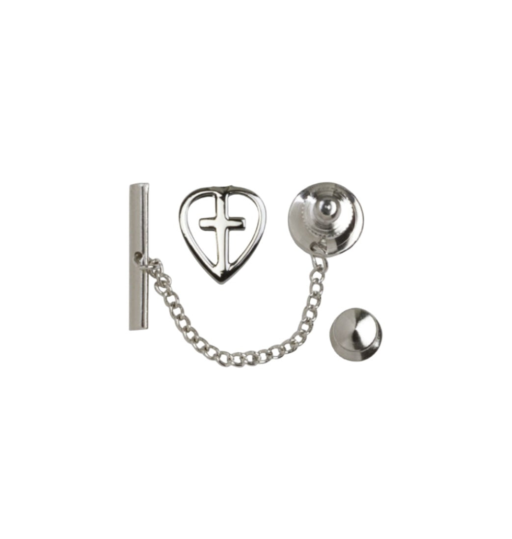 Sterling Silver Heart Cross Lapel Pin with Silver Plate Tie Tac Set,