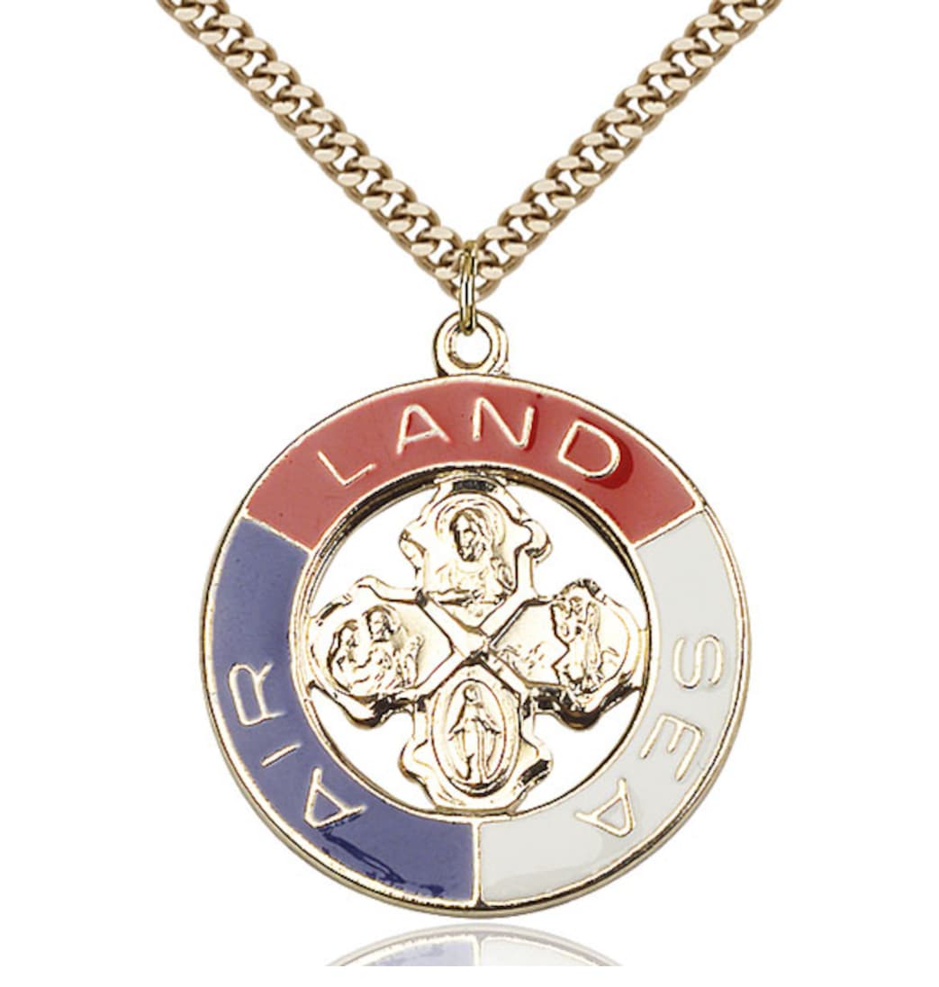 Bliss Military Land, Sea, Air Gold/Sterling 4-Way Cross Medal Necklace with Plated Chain,