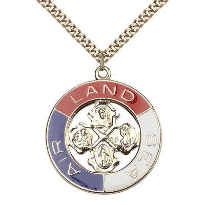 Military Land, Sea, Air Gold/Sterling 4-Way Cross Medal Necklace With Plated Chain, Measures 1 1/4-Inch Tall By 1 1/8-Inch Wide, Bliss Manufacturing