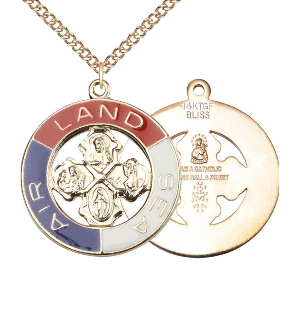 Bliss Gold Plate on Sterling Silver Land, Sea, Air Pendant on a 24 inch Gold Filled Heavy Curb Chain,