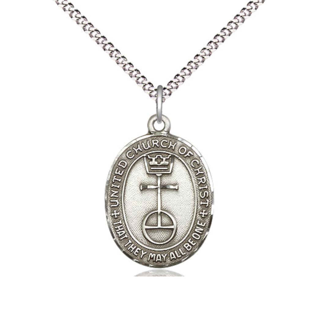 Bliss Sterling Silver United Church of Christ Pendant on a 18 inch Light Rhodium Light Curb Chain,