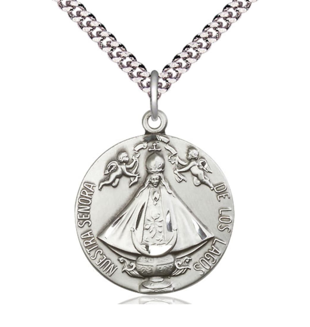 Bliss Sterling Silver Senora de los Lagos Pendant on a 24 inch Light Rhodium Plated Heavy Curb Chain,