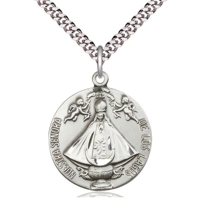 Sterling Silver Senora De Los Lagos Pendant On A 24 Inch Light Rhodium Plated Heavy Curb Chain, Bliss Manufacturing