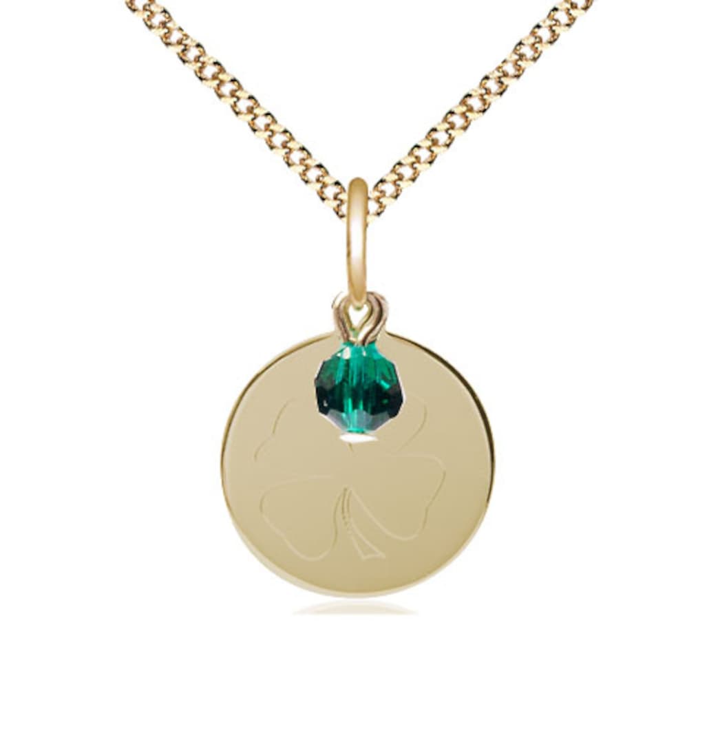 Bliss 14kt Gold Filled Shamrock Pendant on a 18 inch Gold Plate Heavy Curb Chain with Emerald Bead,