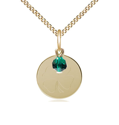 14kt Gold Filled Shamrock Pendant on a 18 inch Gold Plate Heavy Curb Chain with Emerald Bead, Bliss Manufacturing