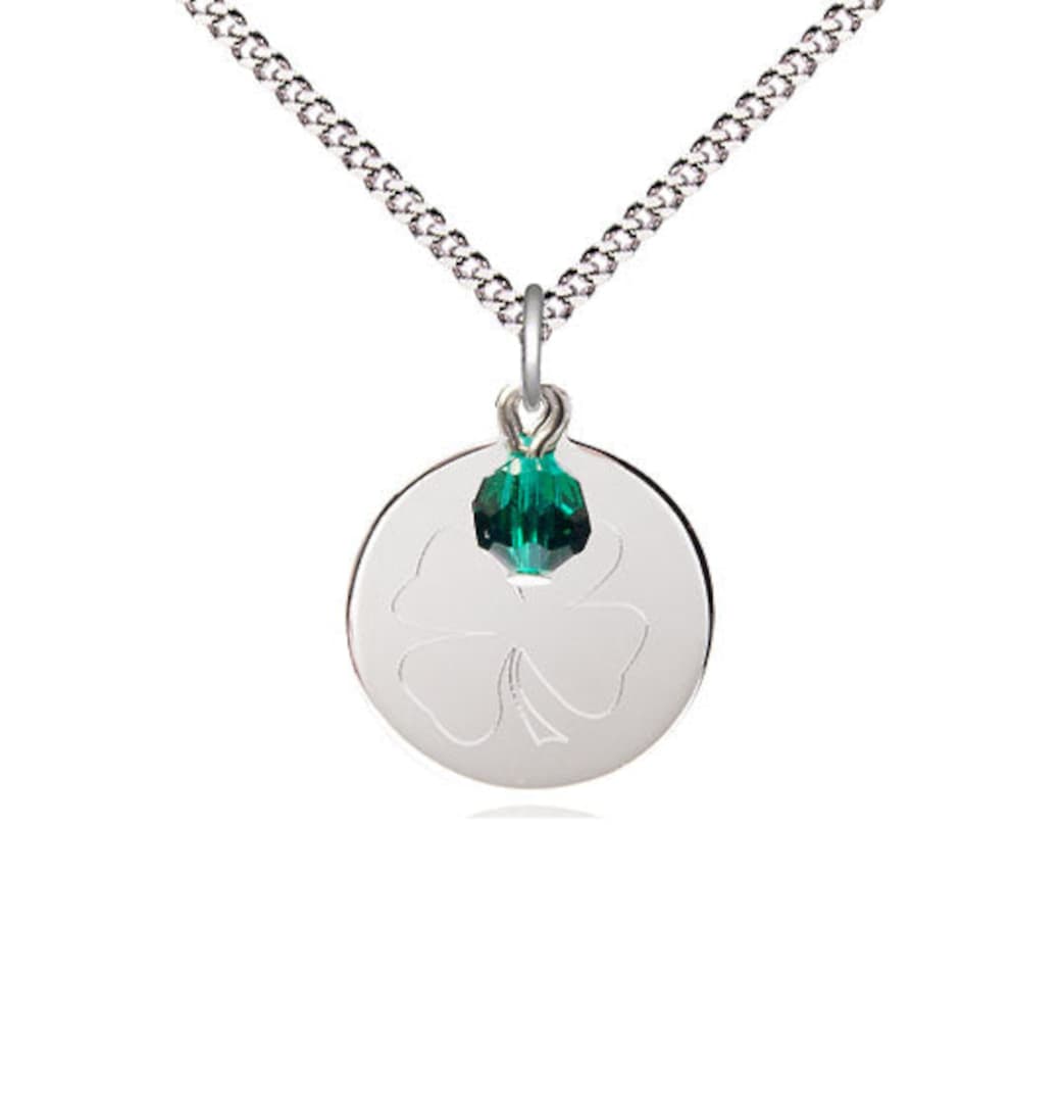 Bliss Sterling Silver Shamrock Pendant on a 18 inch Light Rhodium Heavy Curb Chain with Emerald Bead,