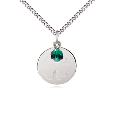 Sterling Silver Shamrock Pendant on a 18 inch Light Rhodium Heavy Curb Chain with Emerald Bead, Bliss Manufacturing