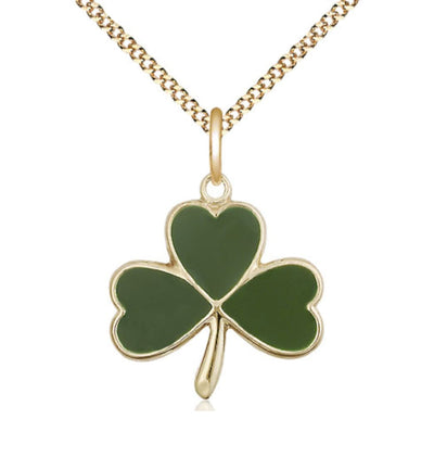 14kt Gold Filled Shamrock Pendant on a 18 inch Gold Plate Light Curb Chain, Bliss Manufacturing