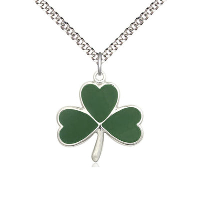 Sterling Silver Shamrock Pendant on a 18 inch Light Rhodium Light Curb Chain, Bliss Manufacturing