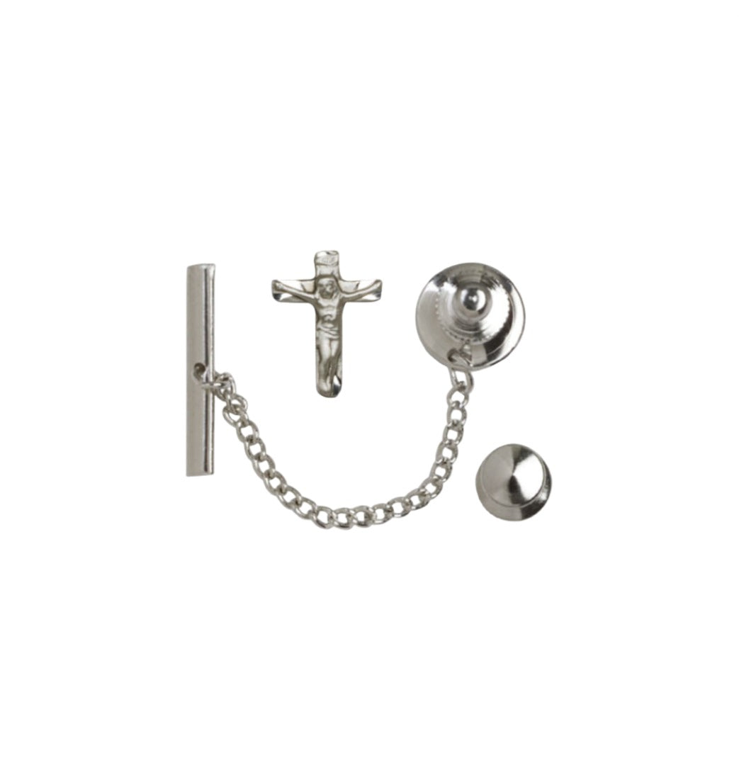 Sterling Silver Crucifix Lapel Pin with Silver Plate Tie Tac Set