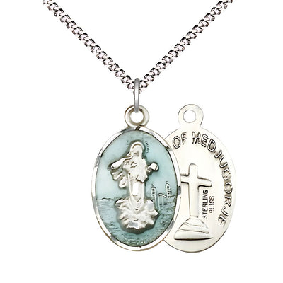Blue Epoxy Our Lady of Medugorje Catholic Patron Saint Medal 7/8-inch with Plated Chain, Bliss Manufacturing