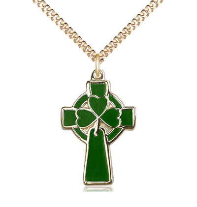 14kt Gold Filled Celtic Cross Pendant on a 24 inch Gold Plate Light Curb Chain, Bliss Manufacturing