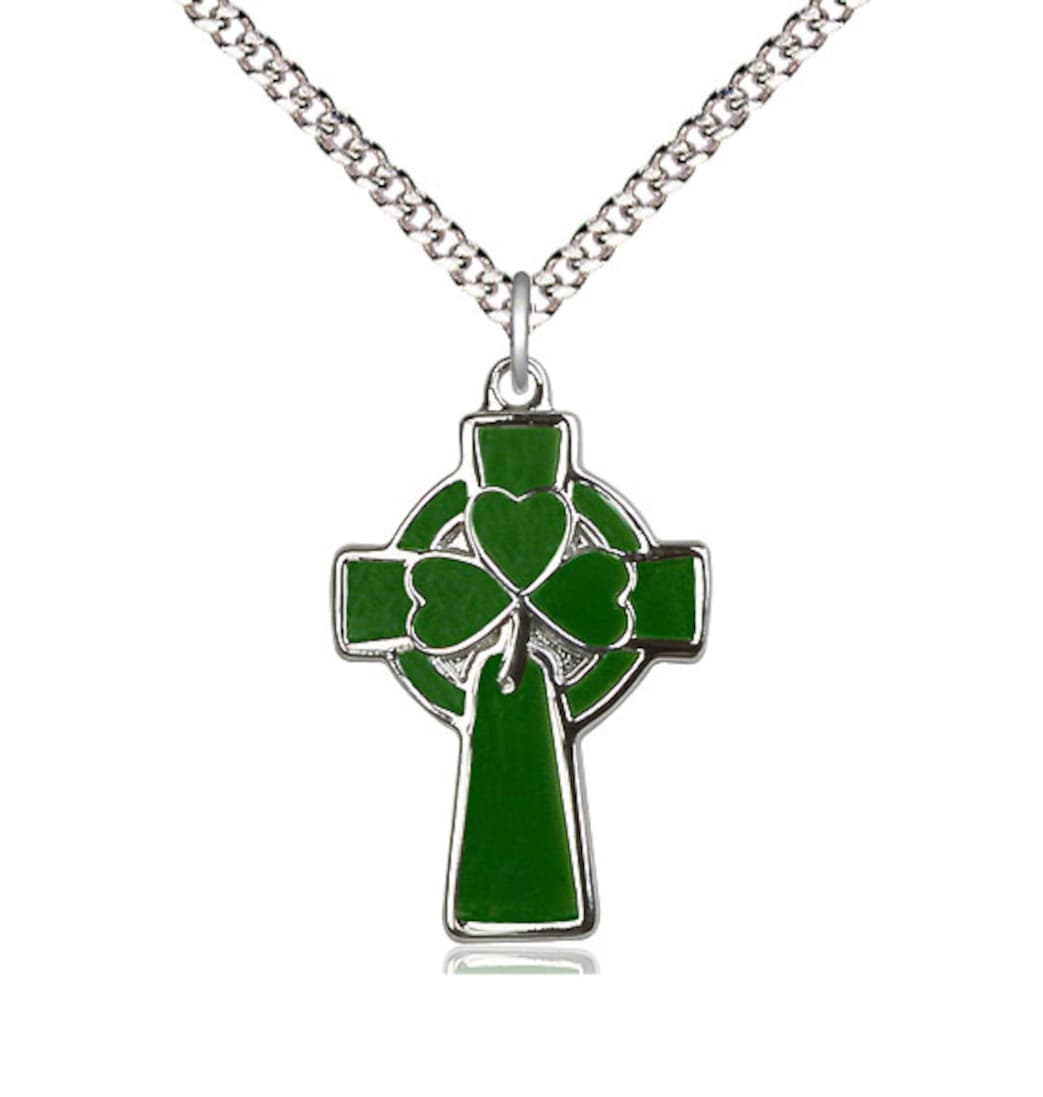 Bliss Clover Sterling Silver Celtic Cross Pendant on a 24 inch Light Rhodium Light Curb Chain,