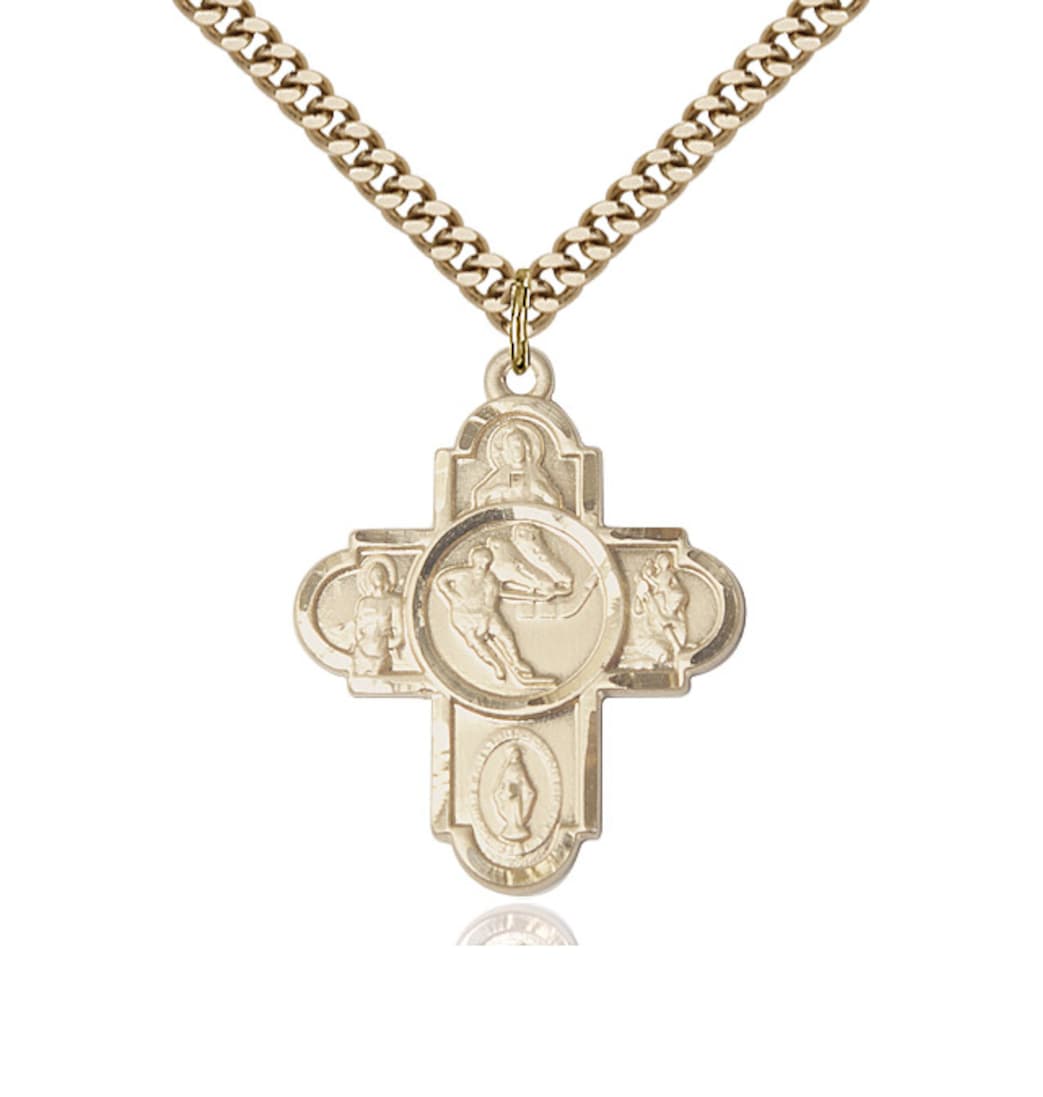 Bliss Manufacturing 5-Way Ice Hockey Cross Medal Necklace in Gold Filled,